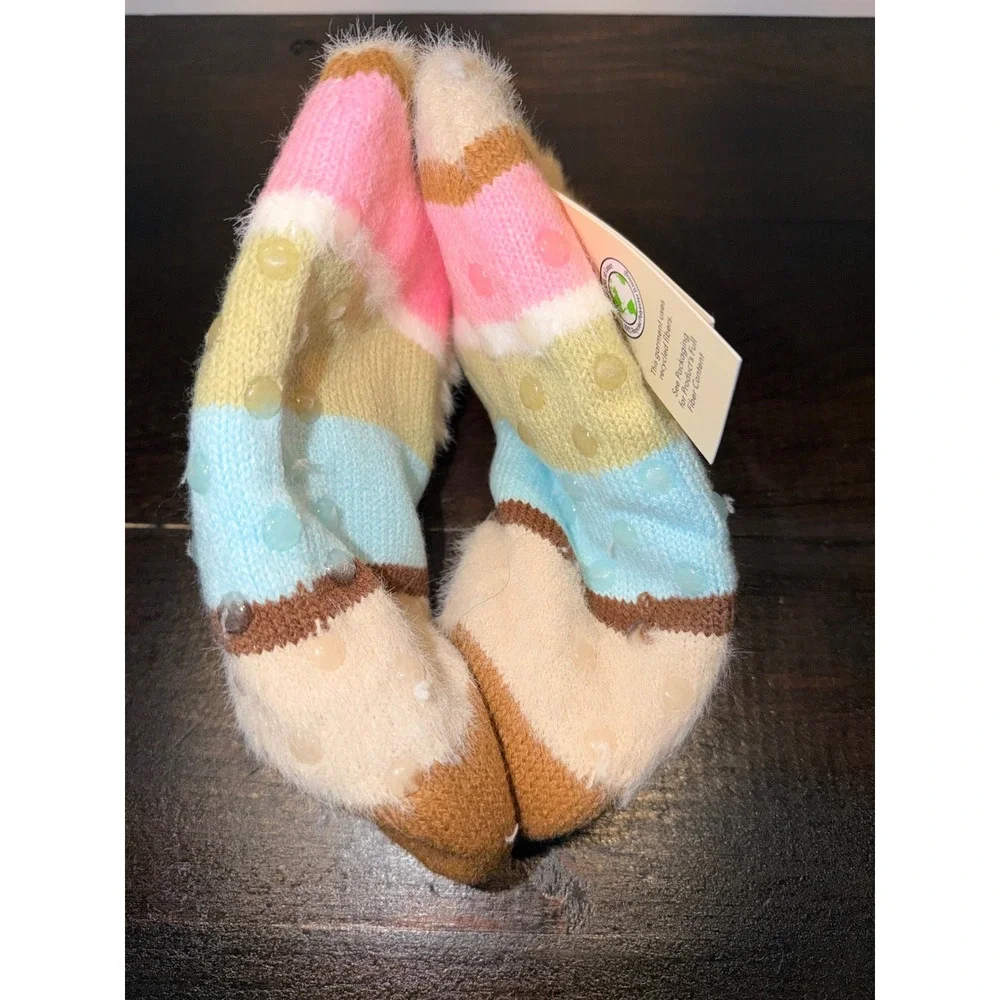 No Boundaries Womens Faux Fur Lined‎ Slipper Socks Striped Beige Multi Size 4-10